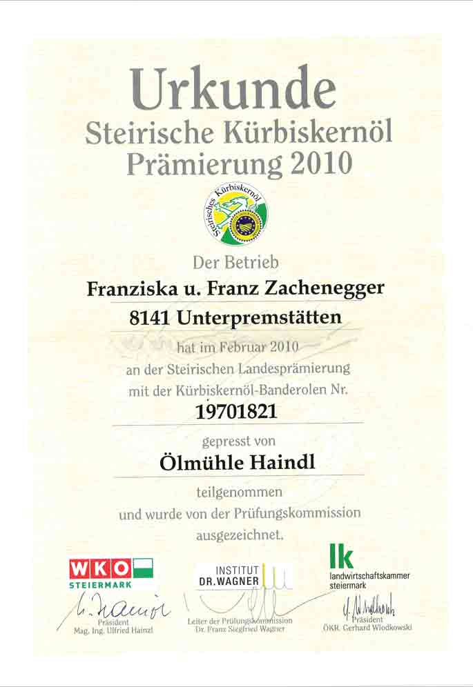 Urkunde Kernölprämierung 2010 Zachenegger