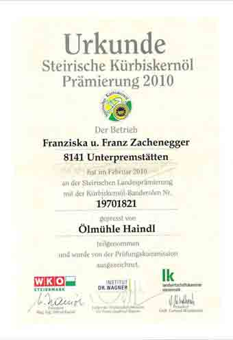 Urkunde Steirische Kürbiskernöl Prämierung 2010